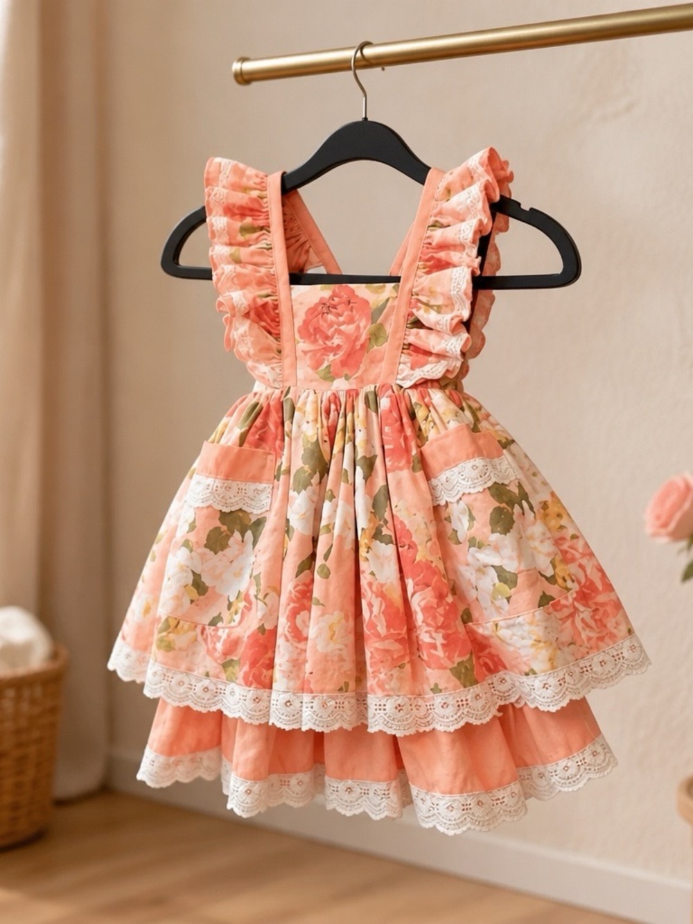 Monika Studio Girls Floral Ruffle Pinafore Dress - Peach/Coral  Floral Size 4 T - Picture 3 of 13